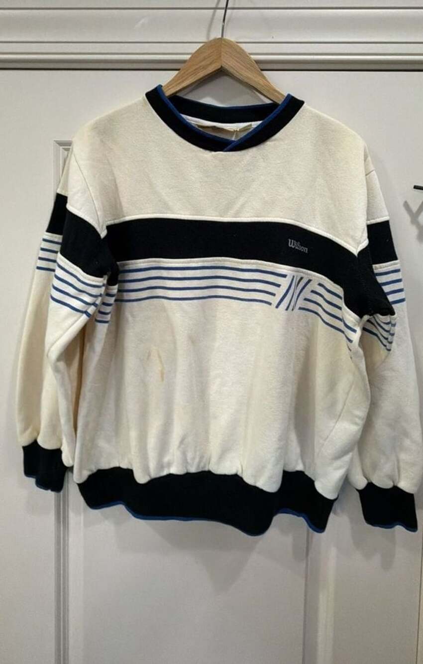 Vintage Wilson Striped Crewneck Sweatshirt Size M White Blue Black